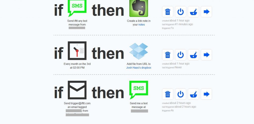 My ifttt home page showing the three tasks I created for this experiment